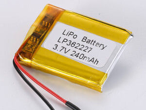LP362227 3.7V 240mAh batteria al litio polimerico ad alta densità energetica 150-200 Wh/kg e corrente di scarica massima 0.35A
