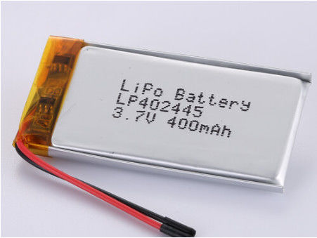 LP402445 3.7V 400MAH Fogliera d'argento e trasparente Pvc batteria al litio polimero con fili 50 mm filo rosso e filo nero Litio ossidi di cobalto